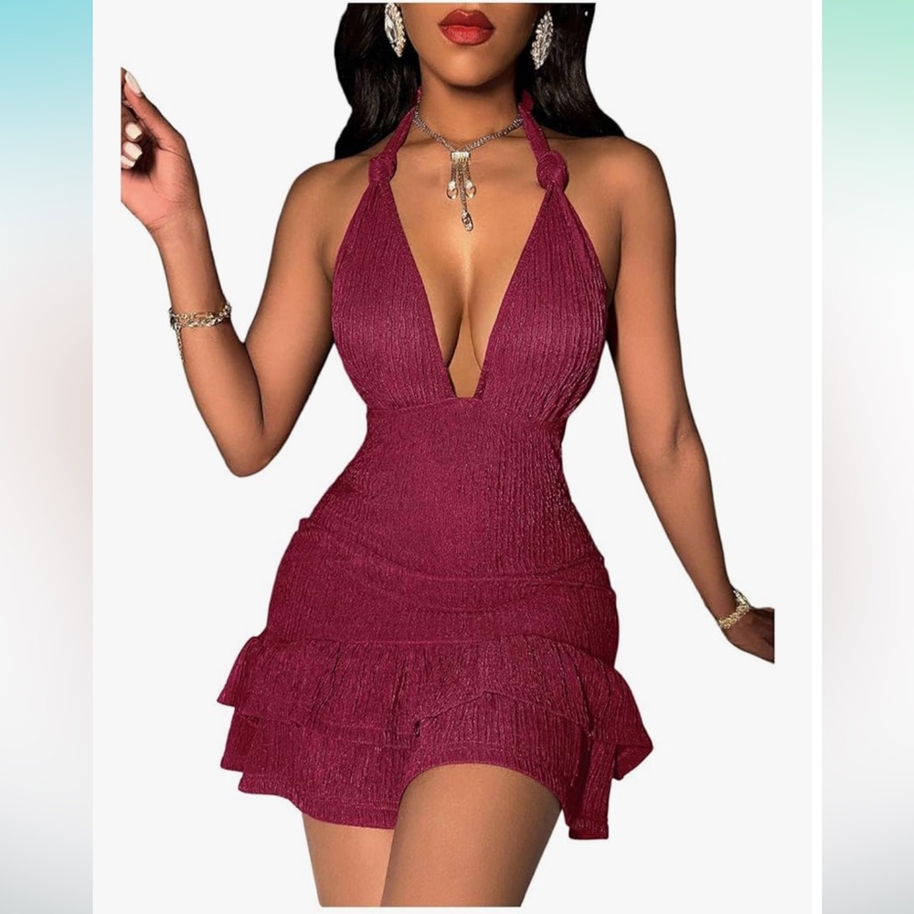 Elegant Halter Neck Burgundy Dress